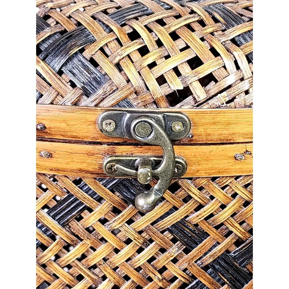 Woven Rattan Lidded Large Basket w/ Lid Brass Accent Asian Inspired 80s Vintage